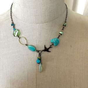 Howlite Crystal  Green and blue bird beaded necklace